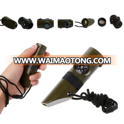 7 In 1 Survival Whistle EDC Tool Multi-function LED Light Whistle Compass Thermometer Magnifier Camping Emergency Survival Kit