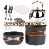 Outdoor camping non stick cookware set with tea pot and stainless cookware